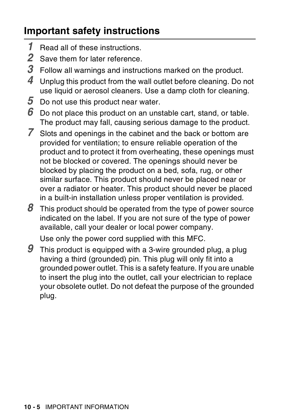 Important safety instructions, Important safety instructions -5 | Brother MFC-420CN User Manual | Page 116 / 200