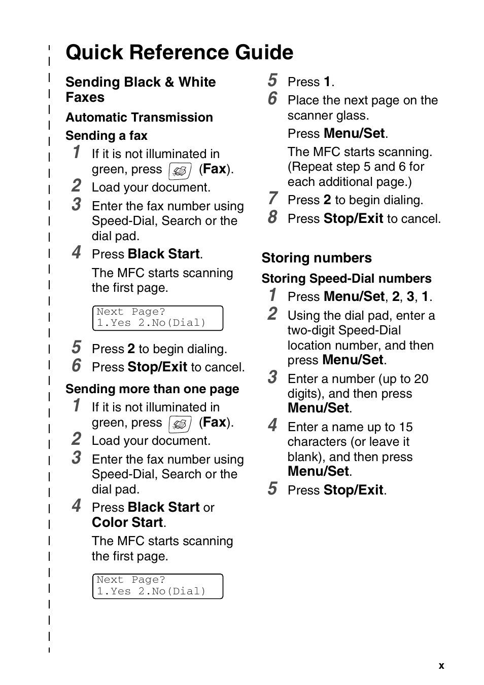 Quick reference guide, Sending black & white faxes, Storing numbers | Brother MFC-420CN User Manual | Page 12 / 200