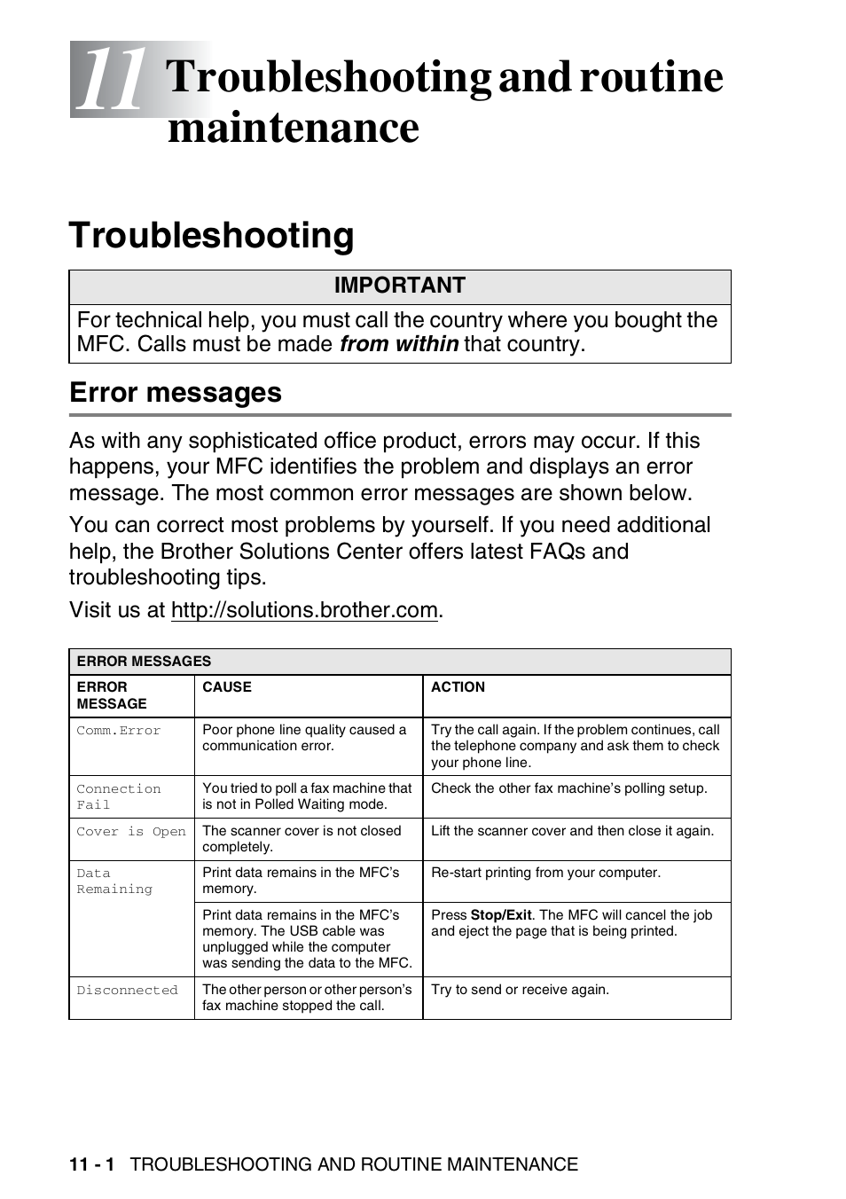 11 troubleshooting and routine maintenance, Troubleshooting, Error messages | Troubleshooting and routine maintenance -1, Troubleshooting -1, Error messages -1, Troubleshooting and routine maintenance | Brother MFC-420CN User Manual | Page 120 / 200
