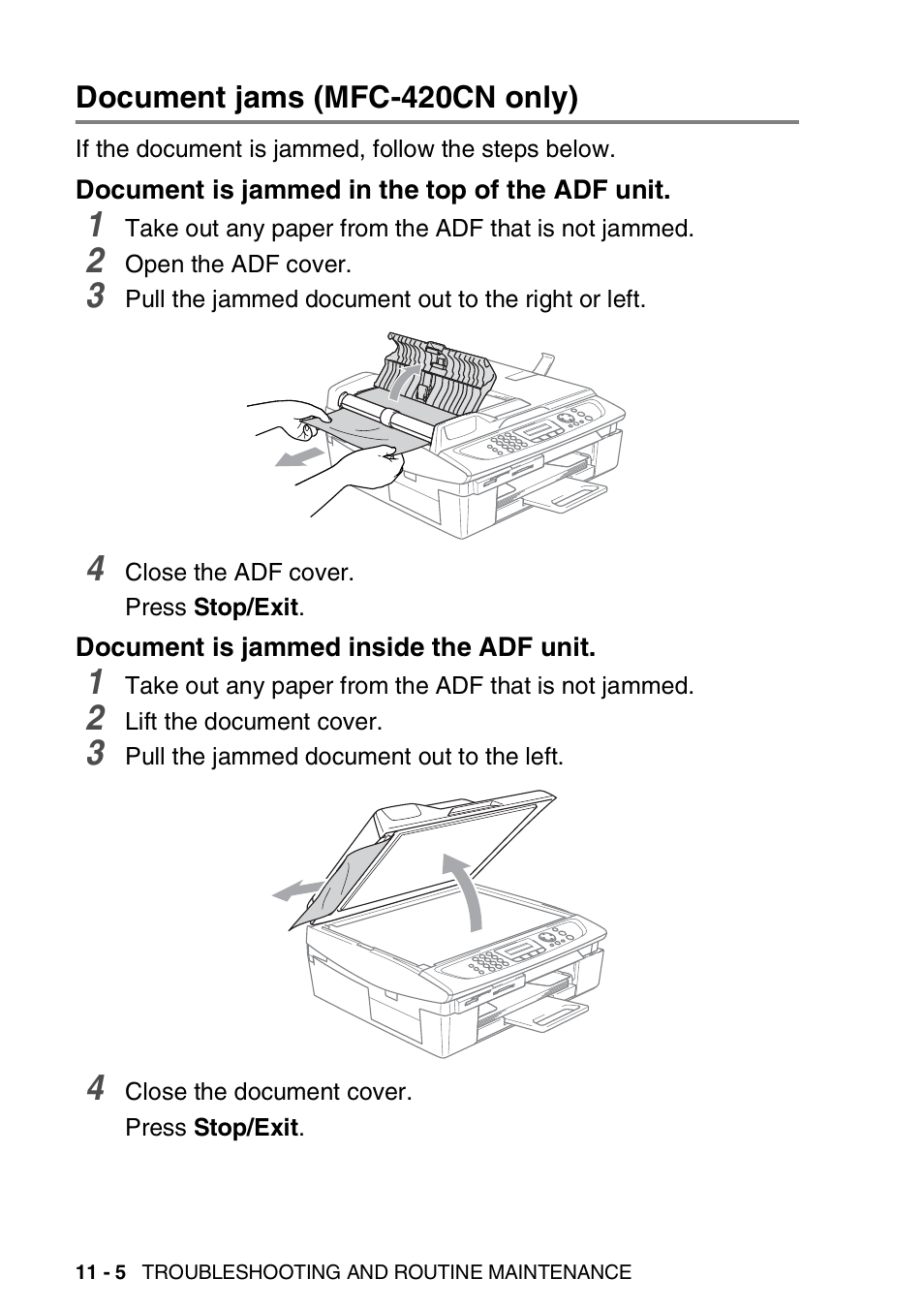 Document jams (mfc-420cn only), Document is jammed in the top of the adf unit, Document is jammed inside the adf unit | Document jams (mfc-420cn only) -5 | Brother MFC-420CN User Manual | Page 124 / 200