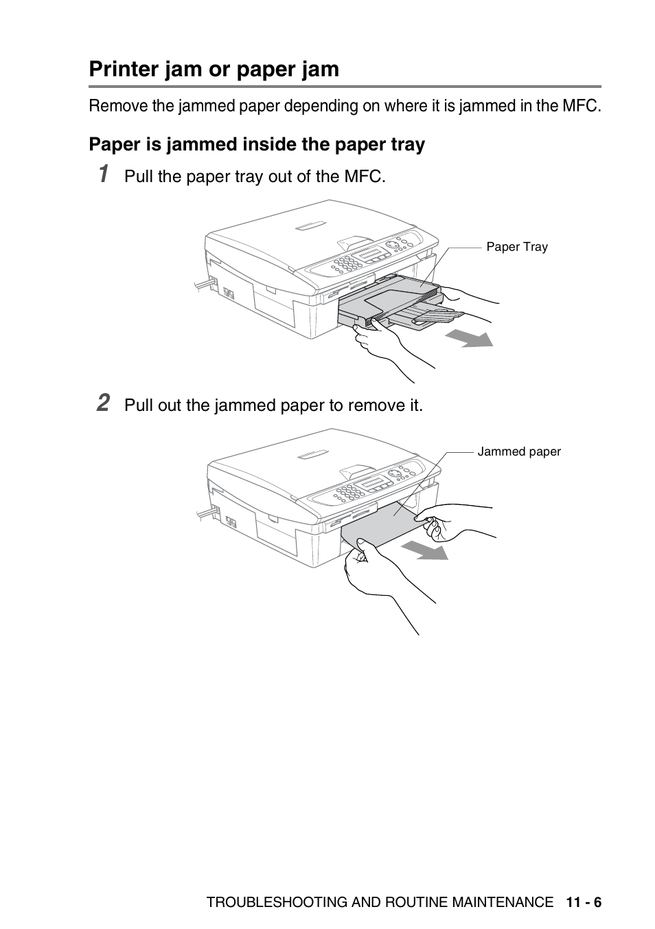 Printer jam or paper jam, Paper is jammed inside the paper tray, Printer jam or paper jam -6 | Paper is jammed inside the paper tray -6 | Brother MFC-420CN User Manual | Page 125 / 200