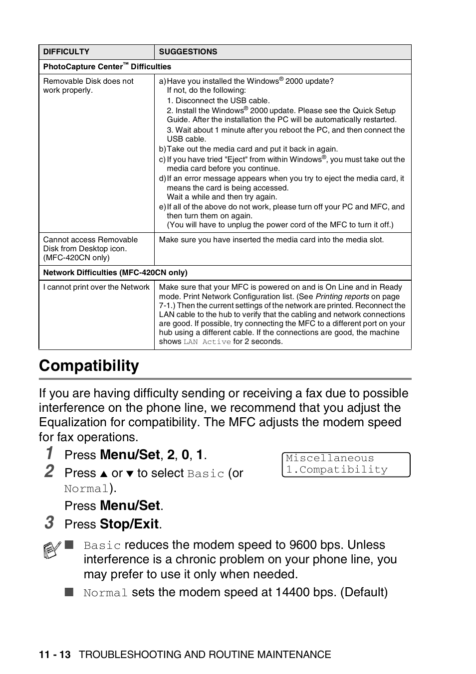 Compatibility, Compatibility -13, Menu/set | Stop/exit, Press | Brother MFC-420CN User Manual | Page 132 / 200