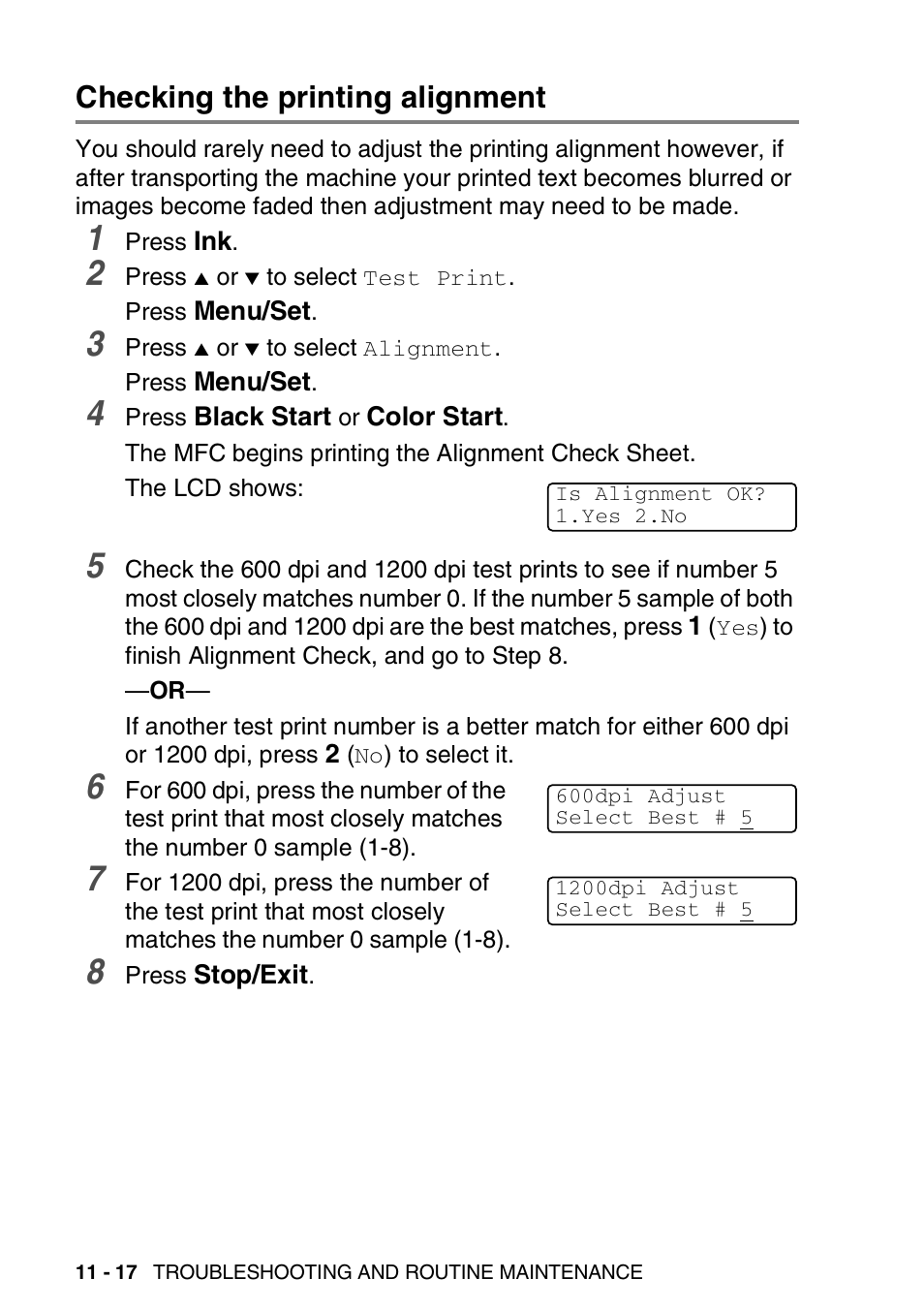 Checking the printing alignment, Checking the printing alignment -17 | Brother MFC-420CN User Manual | Page 136 / 200
