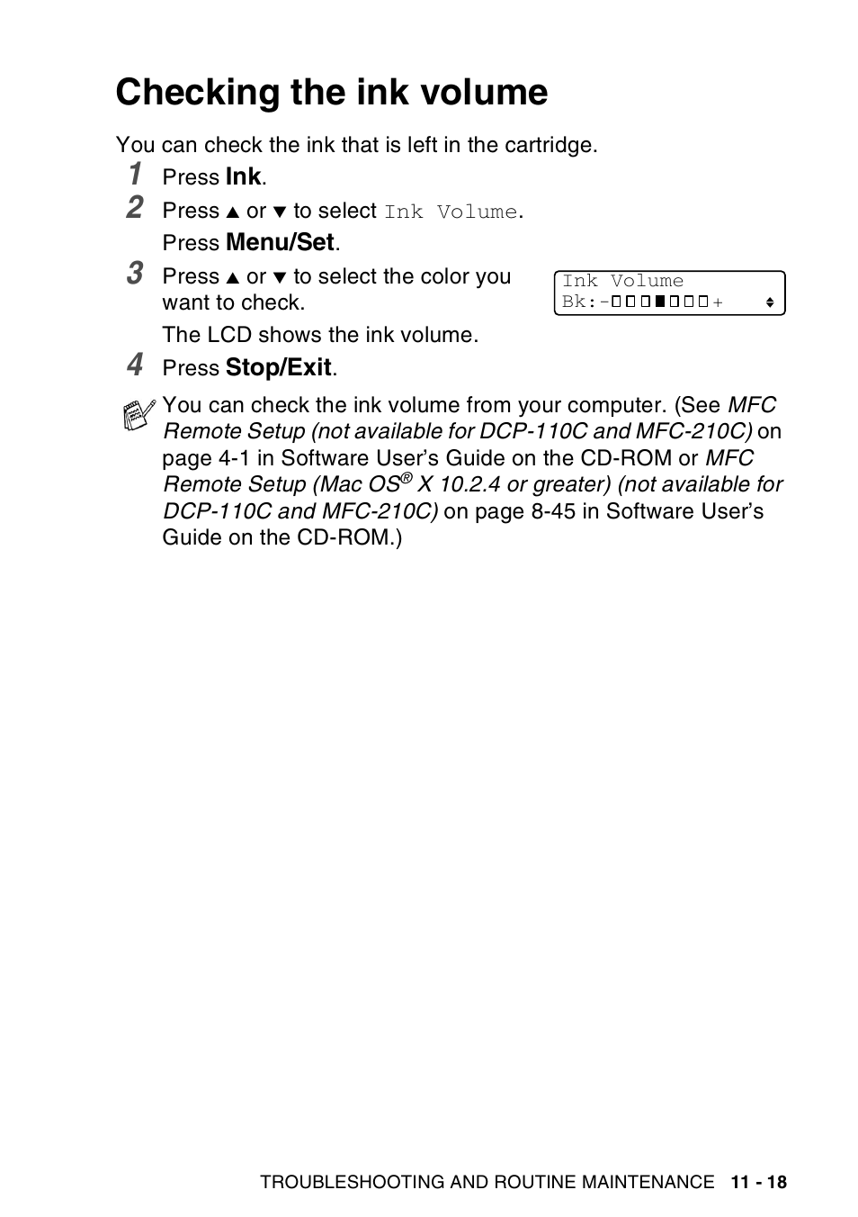 Checking the ink volume, Checking the ink volume -18 | Brother MFC-420CN User Manual | Page 137 / 200