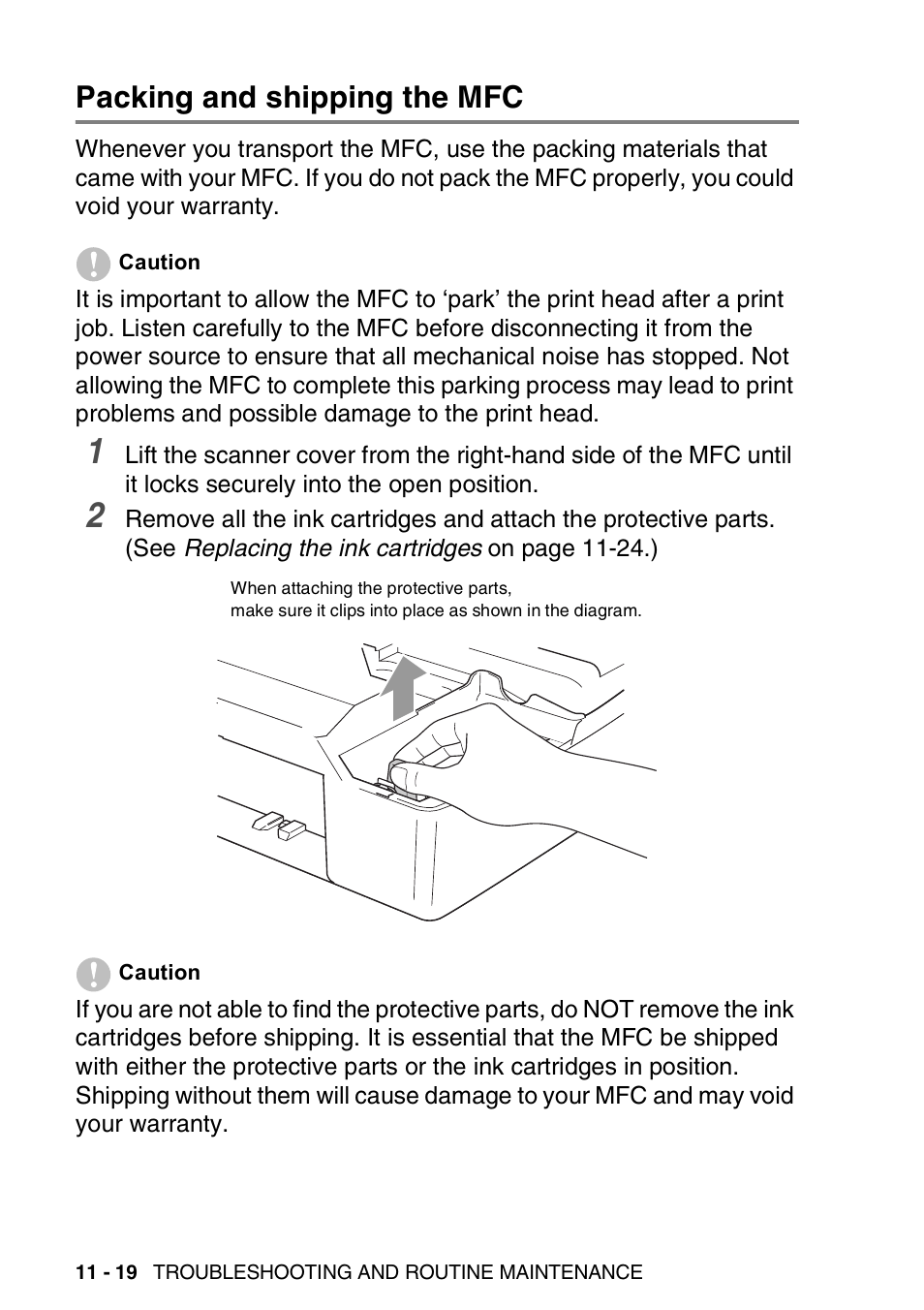 Packing and shipping the mfc, Packing and shipping the mfc -19 | Brother MFC-420CN User Manual | Page 138 / 200