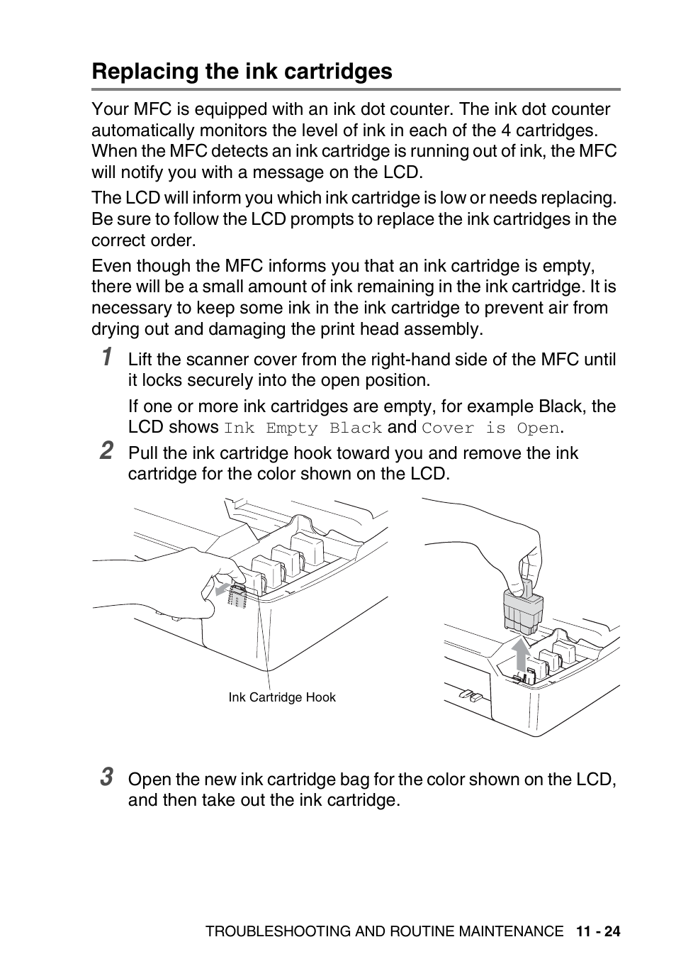 Replacing the ink cartridges, Replacing the ink cartridges -24 | Brother MFC-420CN User Manual | Page 143 / 200