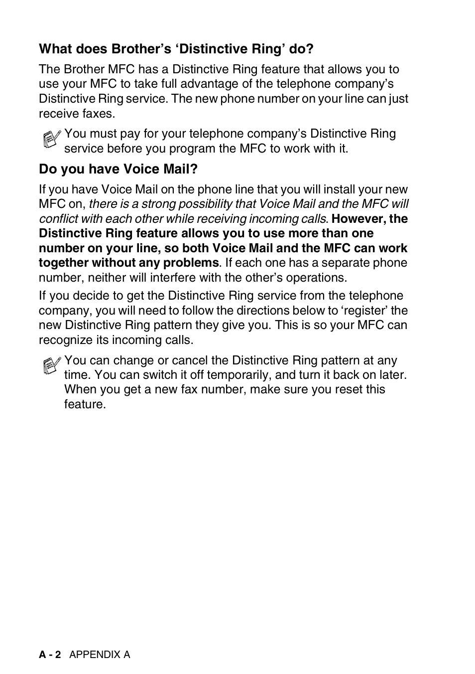 What does brother’s ‘distinctive ring’ do, Do you have voice mail | Brother MFC-420CN User Manual | Page 148 / 200