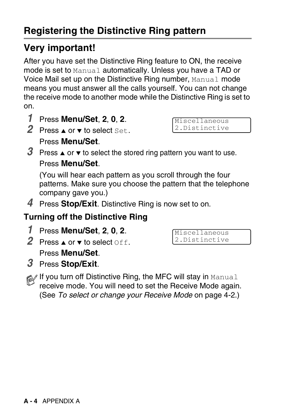 Registering the distinctive ring pattern, Turning off the distinctive ring | Brother MFC-420CN User Manual | Page 150 / 200