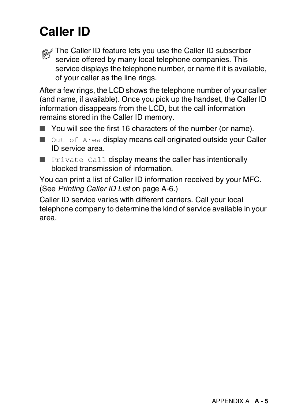 Caller id | Brother MFC-420CN User Manual | Page 151 / 200