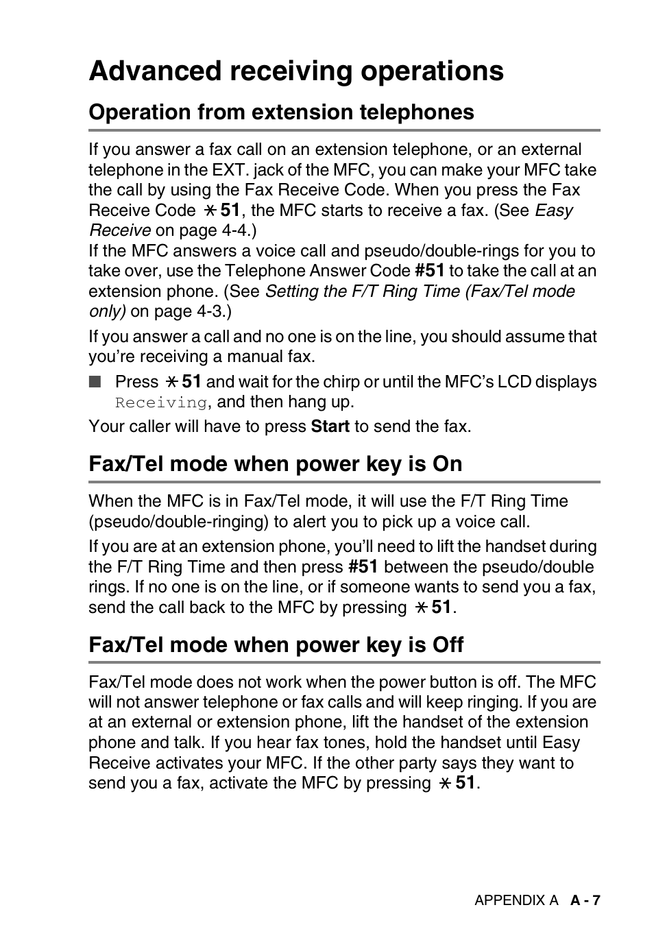 Advanced receiving operations, Operation from extension telephones, Fax/tel mode when power key is on | Fax/tel mode when power key is off | Brother MFC-420CN User Manual | Page 153 / 200