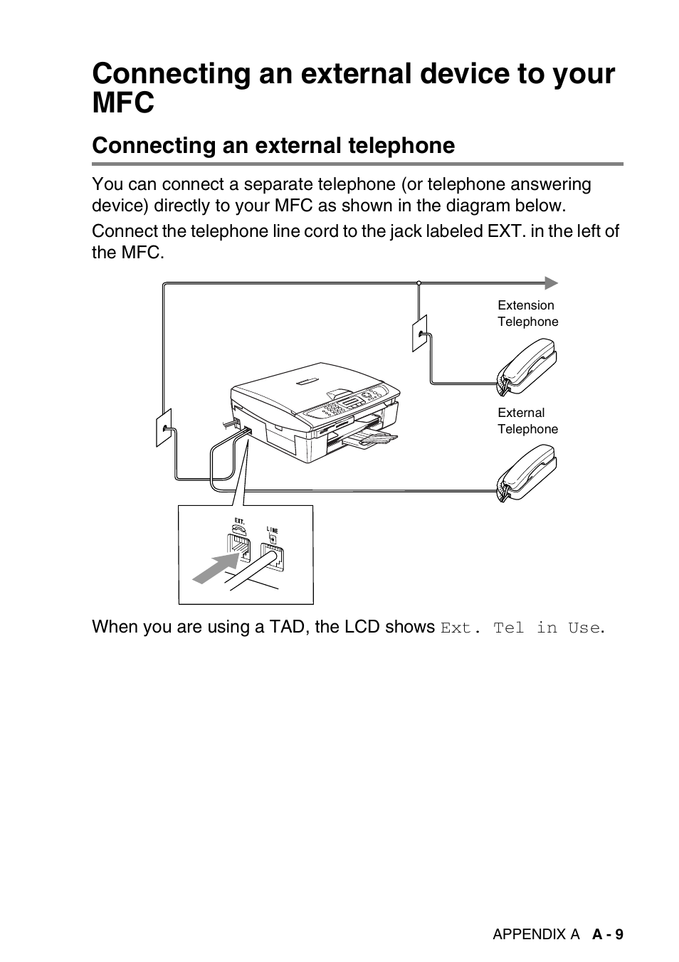 Connecting an external device to your mfc, Connecting an external telephone | Brother MFC-420CN User Manual | Page 155 / 200