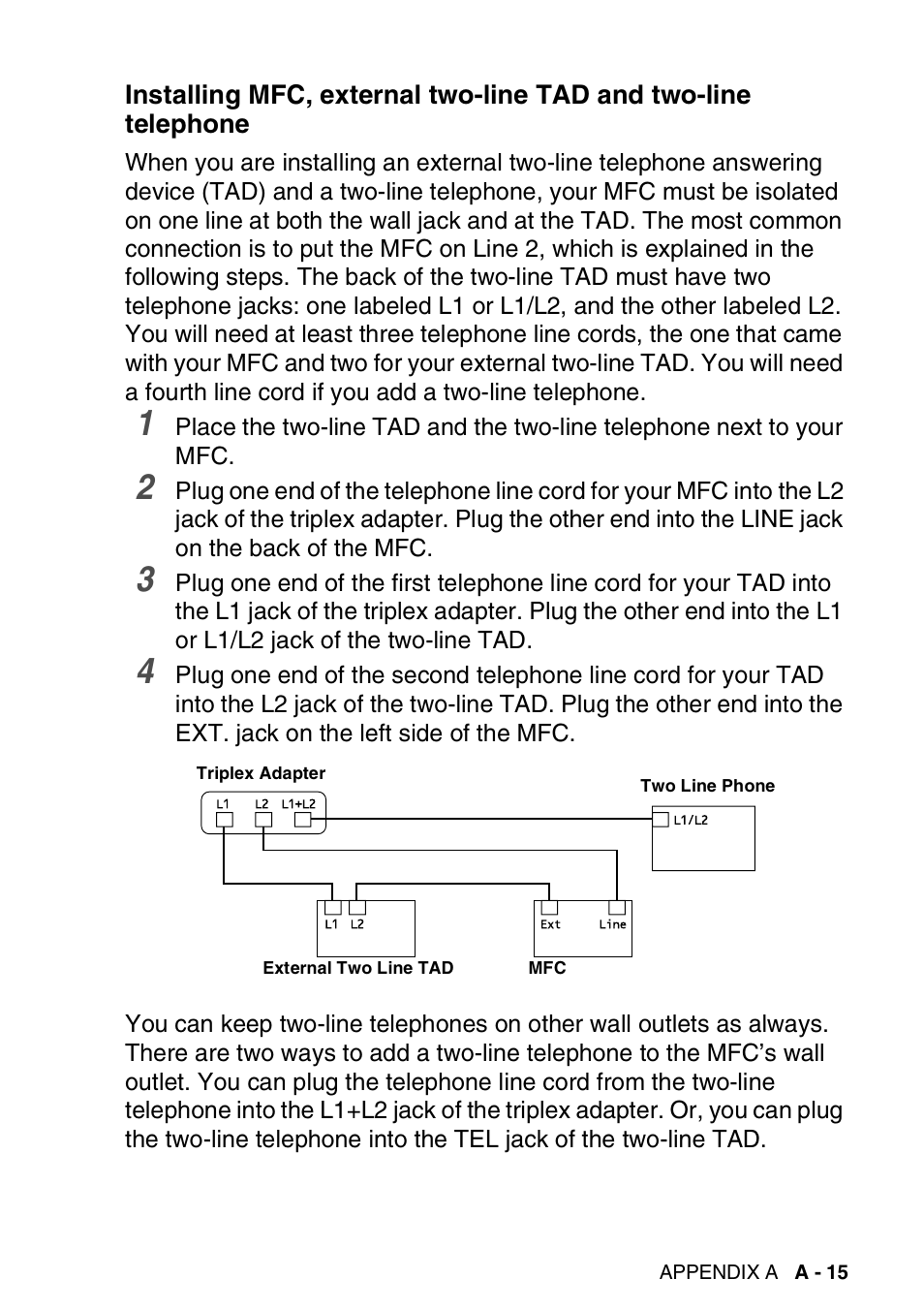 Installing mfc, external two-line tad and | Brother MFC-420CN User Manual | Page 161 / 200