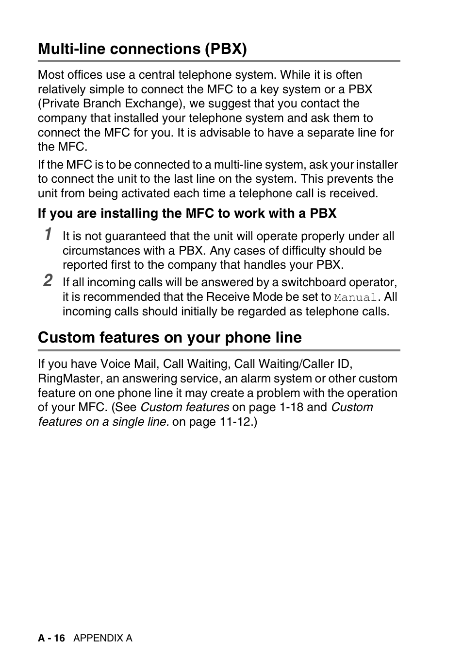 Multi-line connections (pbx), If you are installing the mfc to work with a pbx, Custom features on your phone line | If you are installing the mfc to work | Brother MFC-420CN User Manual | Page 162 / 200