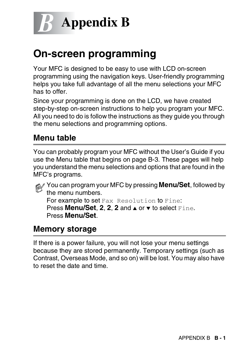 Appendix b, On-screen programming, Menu table | Memory storage | Brother MFC-420CN User Manual | Page 163 / 200