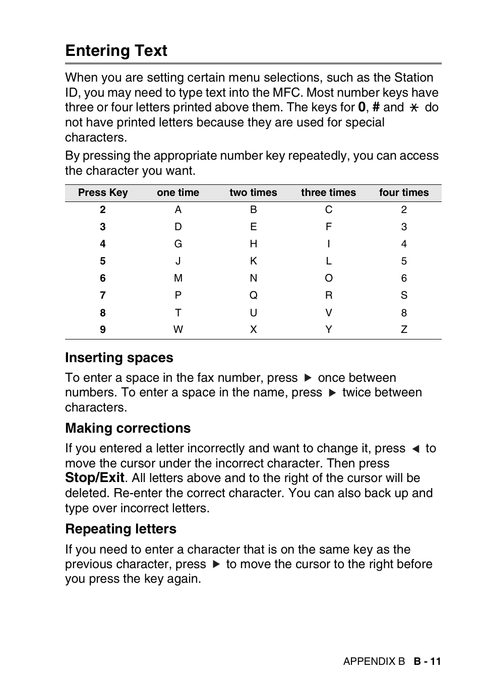 Entering text, Inserting spaces, Making corrections | Repeating letters, Stop/exit | Brother MFC-420CN User Manual | Page 173 / 200