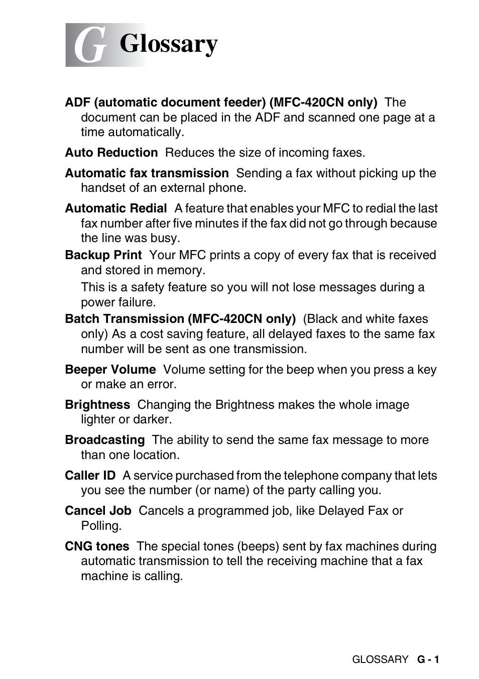 Glossary | Brother MFC-420CN User Manual | Page 175 / 200