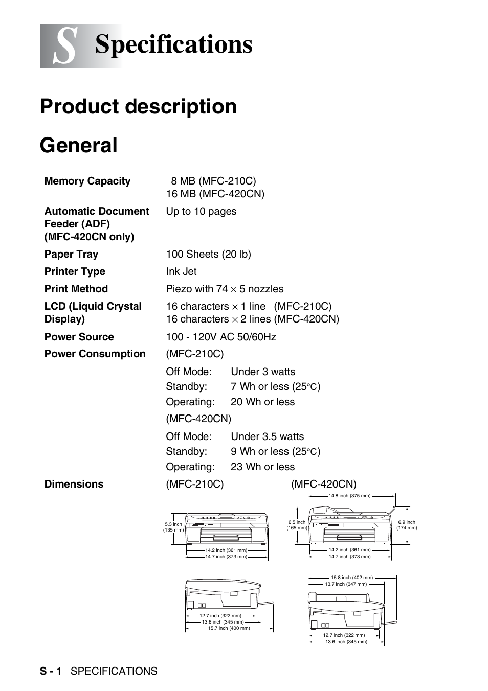 Specifications, Product description, General | Product description general | Brother MFC-420CN User Manual | Page 180 / 200
