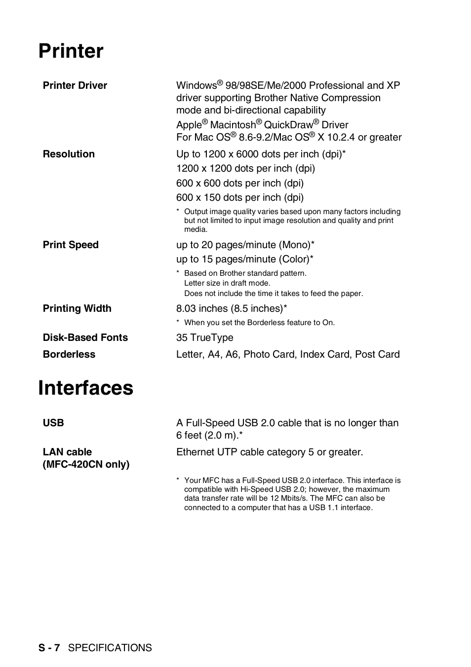 Printer, Interfaces, Printer interfaces | Brother MFC-420CN User Manual | Page 186 / 200