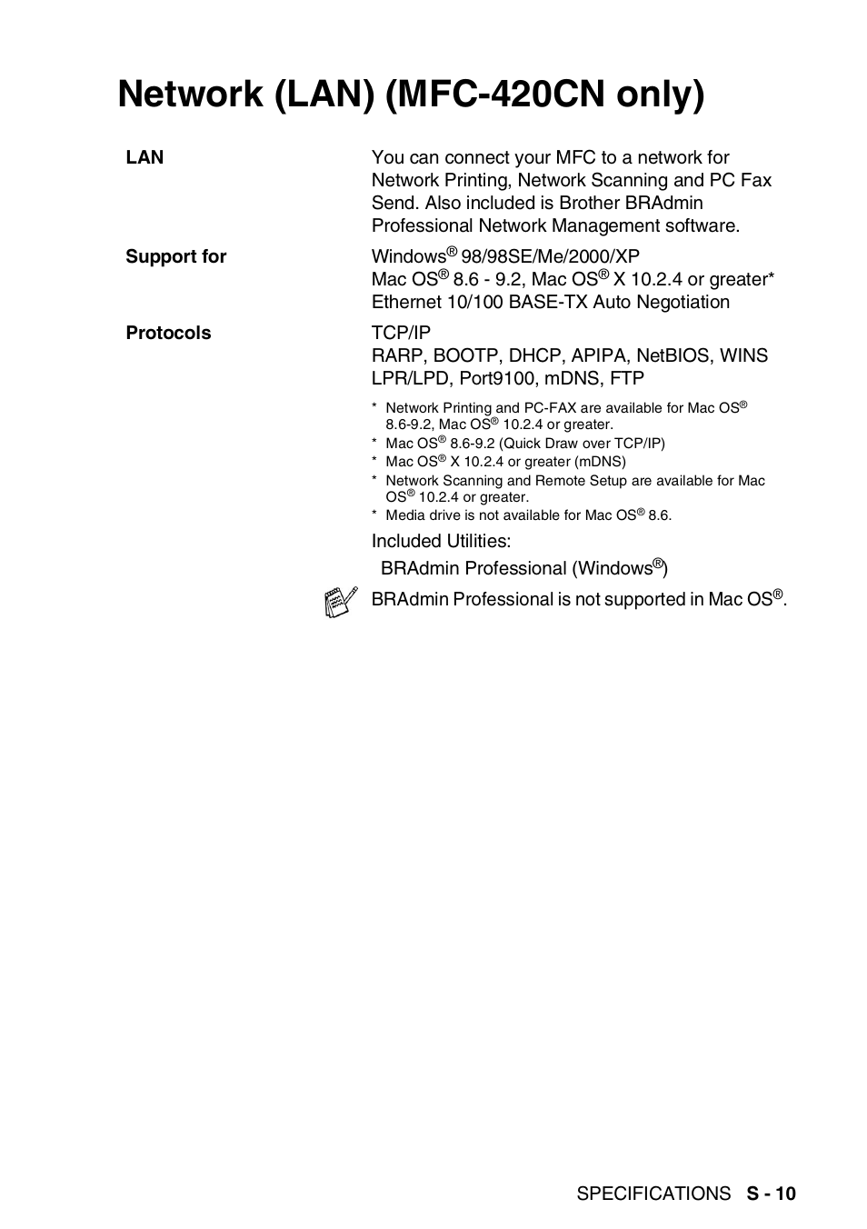 Network (lan) (mfc-420cn only) | Brother MFC-420CN User Manual | Page 189 / 200