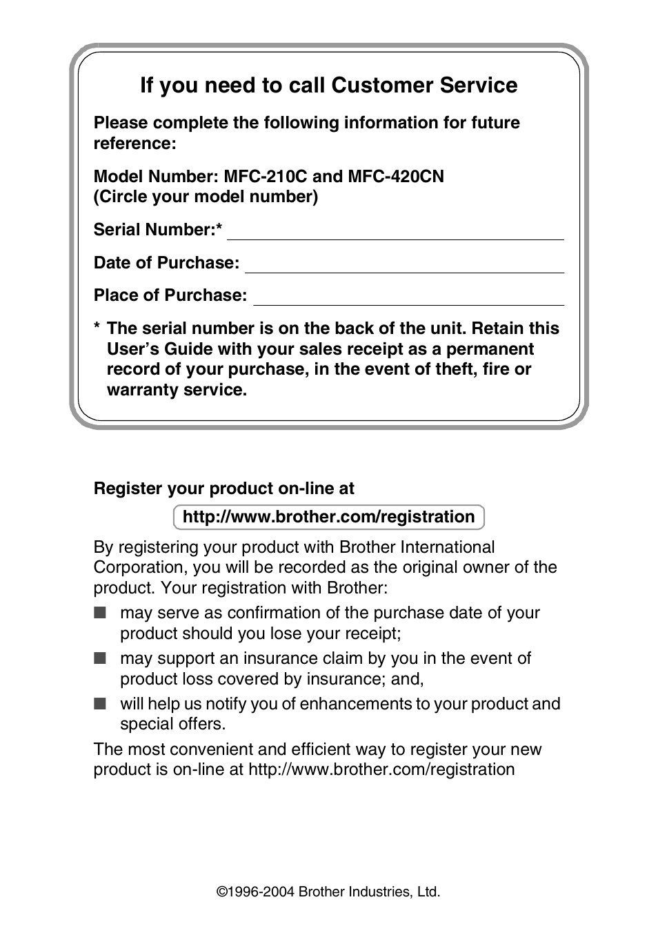 If you need to call customer service | Brother MFC-420CN User Manual | Page 2 / 200