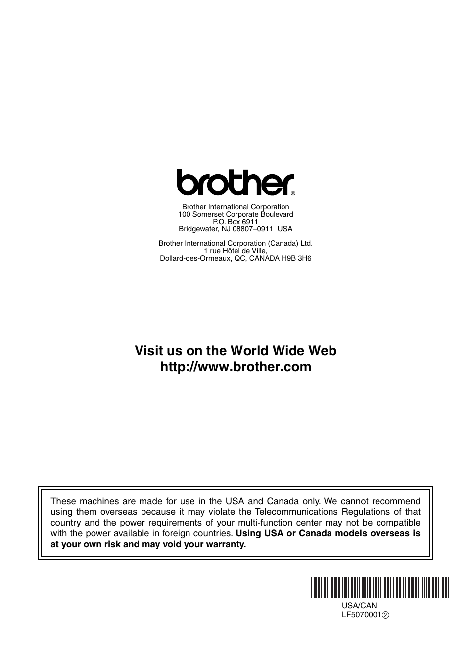 Brother usa/can | Brother MFC-420CN User Manual | Page 200 / 200