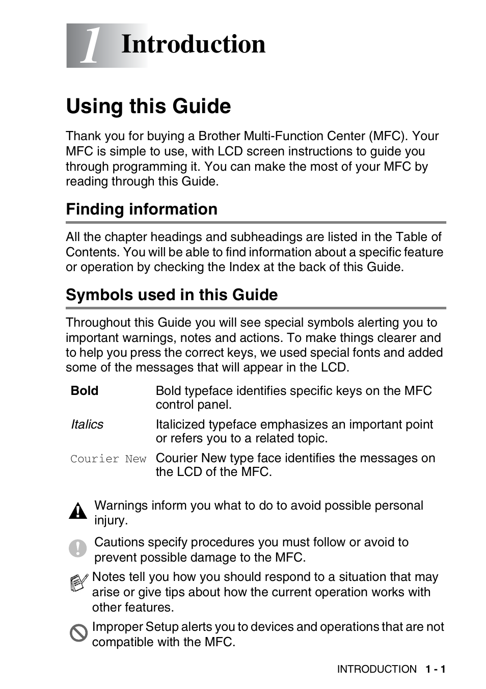 1 introduction, Using this guide, Finding information | Symbols used in this guide, Introduction -1, Using this guide -1, Introduction | Brother MFC-420CN User Manual | Page 21 / 200