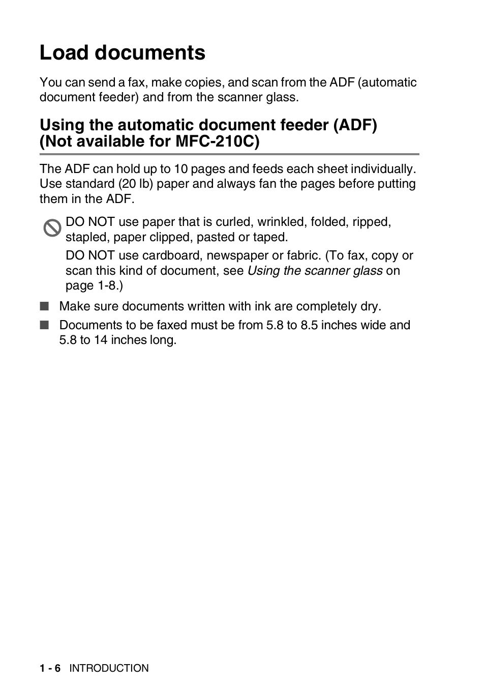 Load documents, Load documents -6, Using the automatic document feeder (adf) | Not available for mfc-210c) -6 | Brother MFC-420CN User Manual | Page 26 / 200