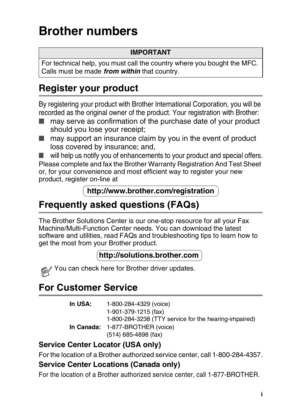 Brother numbers, Register your product, Frequently asked questions (faqs) | For customer service | Brother MFC-420CN User Manual | Page 3 / 200