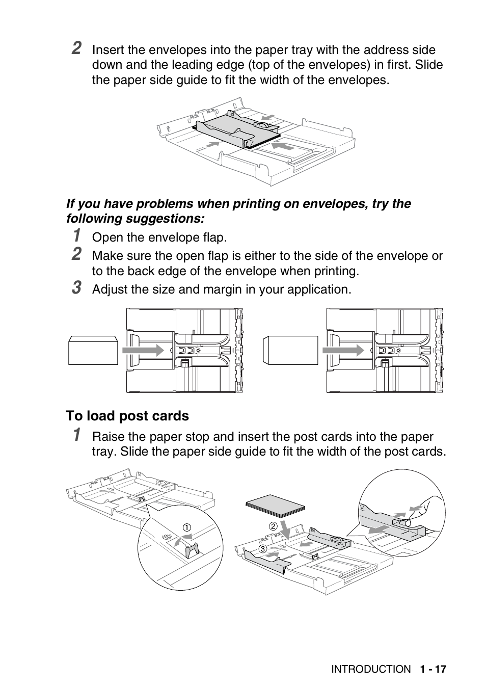 To load post cards, To load post cards -17 | Brother MFC-420CN User Manual | Page 37 / 200