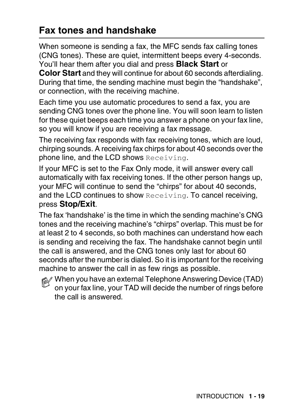 Fax tones and handshake, Fax tones and handshake -19 | Brother MFC-420CN User Manual | Page 39 / 200