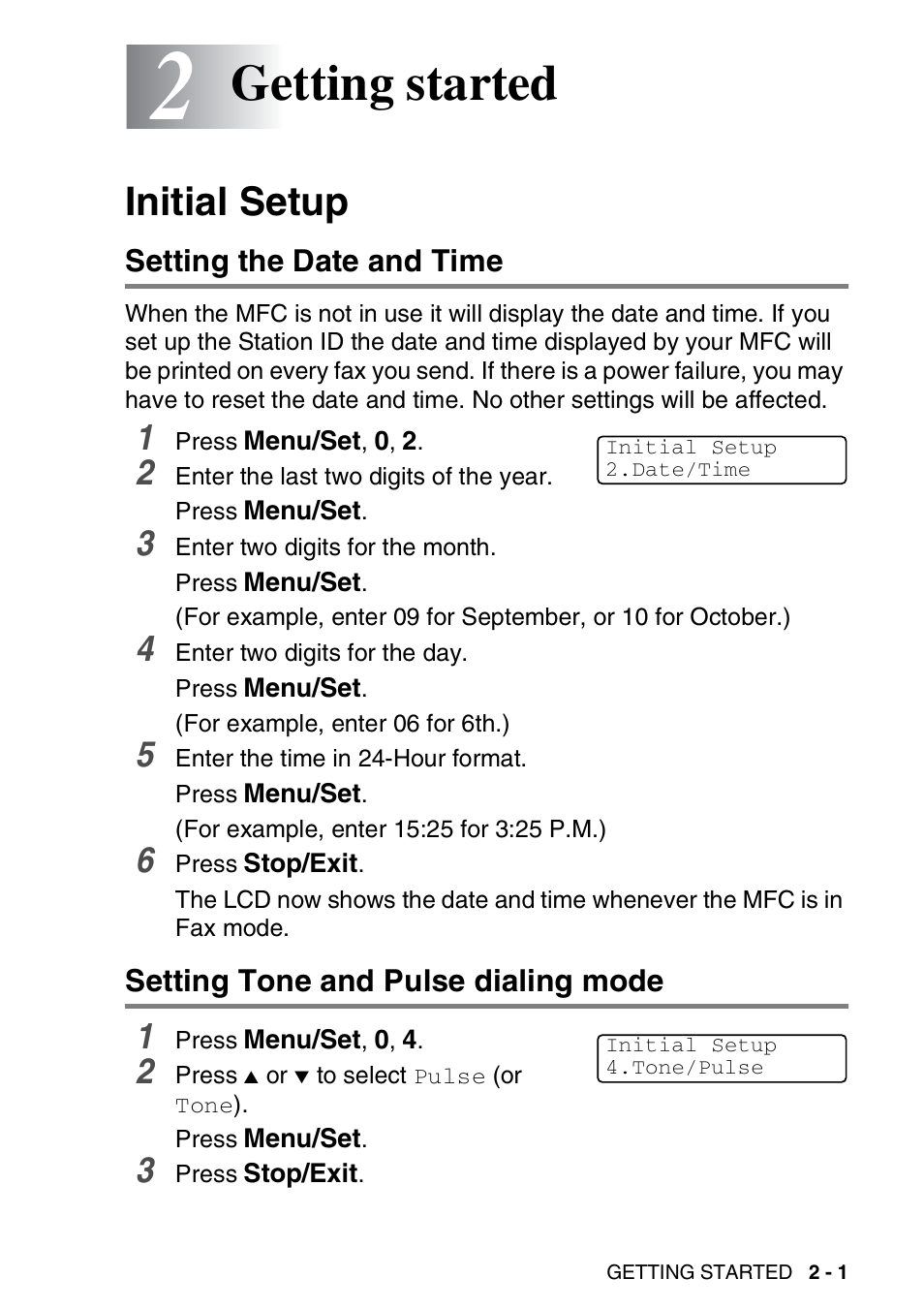 2 getting started, Initial setup, Setting the date and time | Setting tone and pulse dialing mode, Getting started -1, Initial setup -1, Getting started | Brother MFC-420CN User Manual | Page 41 / 200