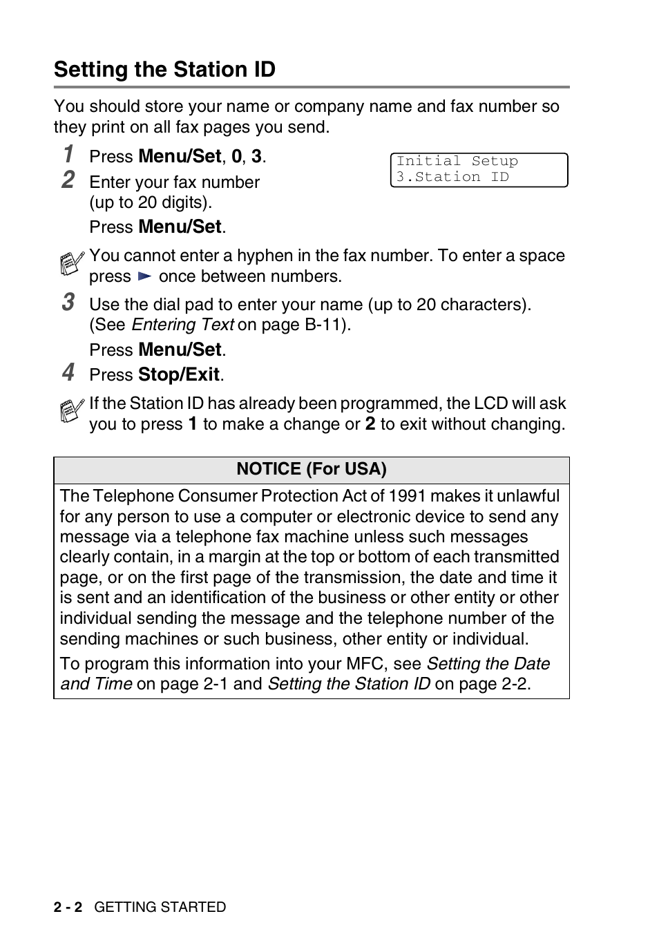 Setting the station id, Setting the station id -2 | Brother MFC-420CN User Manual | Page 42 / 200