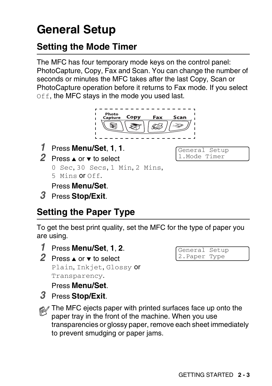 General setup, Setting the mode timer, Setting the paper type | General setup -3 | Brother MFC-420CN User Manual | Page 43 / 200
