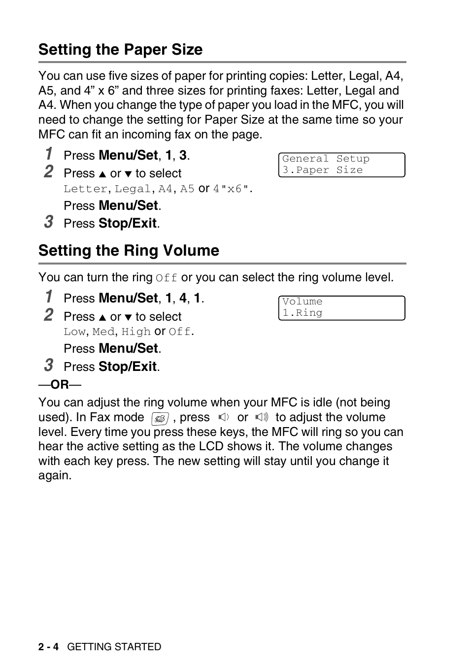 Setting the paper size, Setting the ring volume | Brother MFC-420CN User Manual | Page 44 / 200