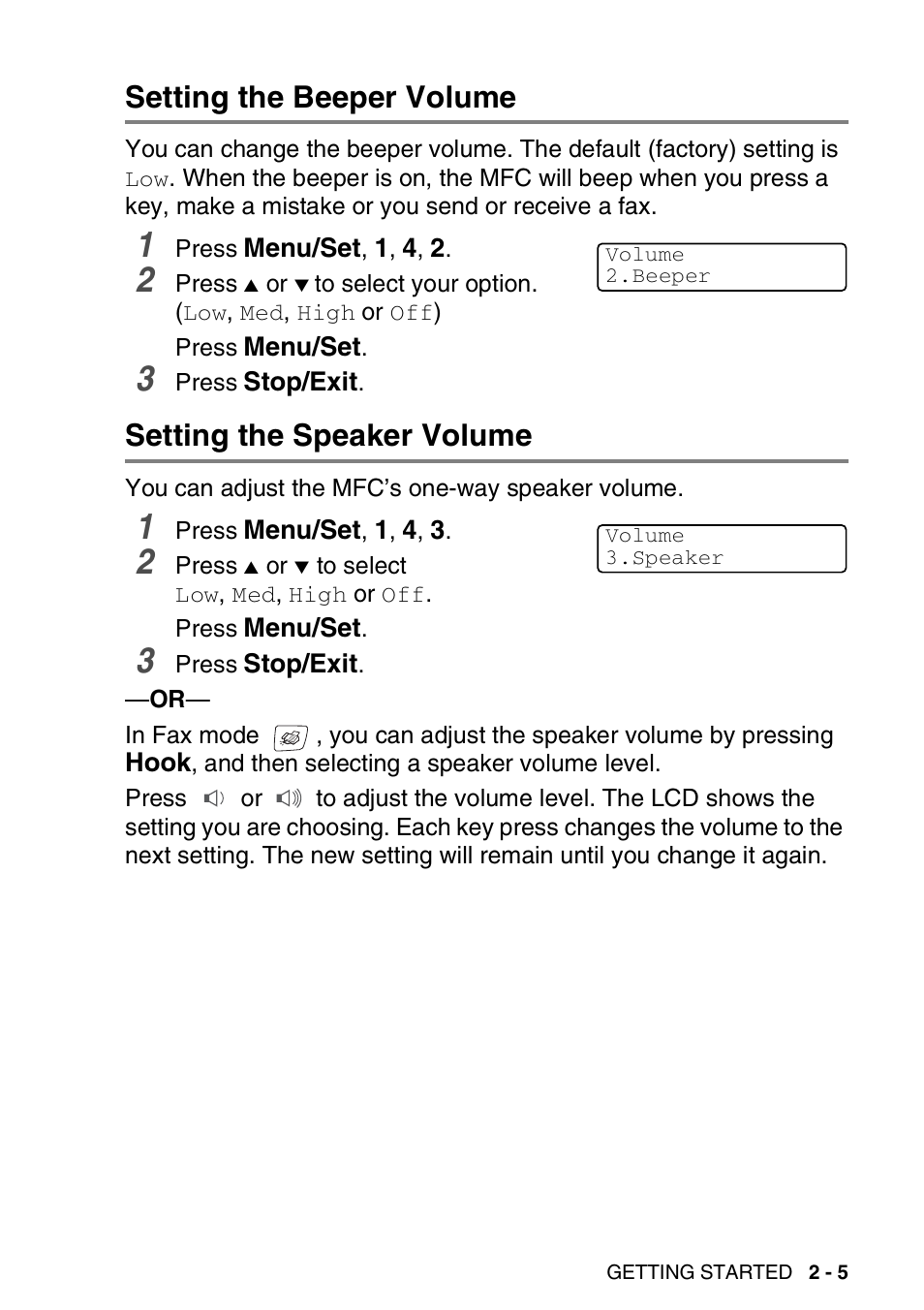 Setting the beeper volume, Setting the speaker volume, Setting the beeper volume -5 | Setting the speaker volume -5 | Brother MFC-420CN User Manual | Page 45 / 200