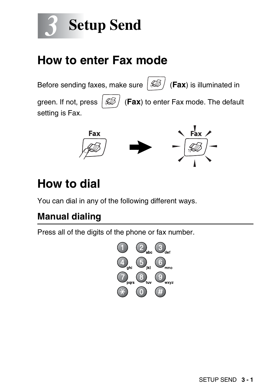 3 setup send, How to enter fax mode, How to dial | Manual dialing, Setup send -1, How to enter fax mode -1 how to dial -1, Manual dialing -1, Setup send | Brother MFC-420CN User Manual | Page 47 / 200