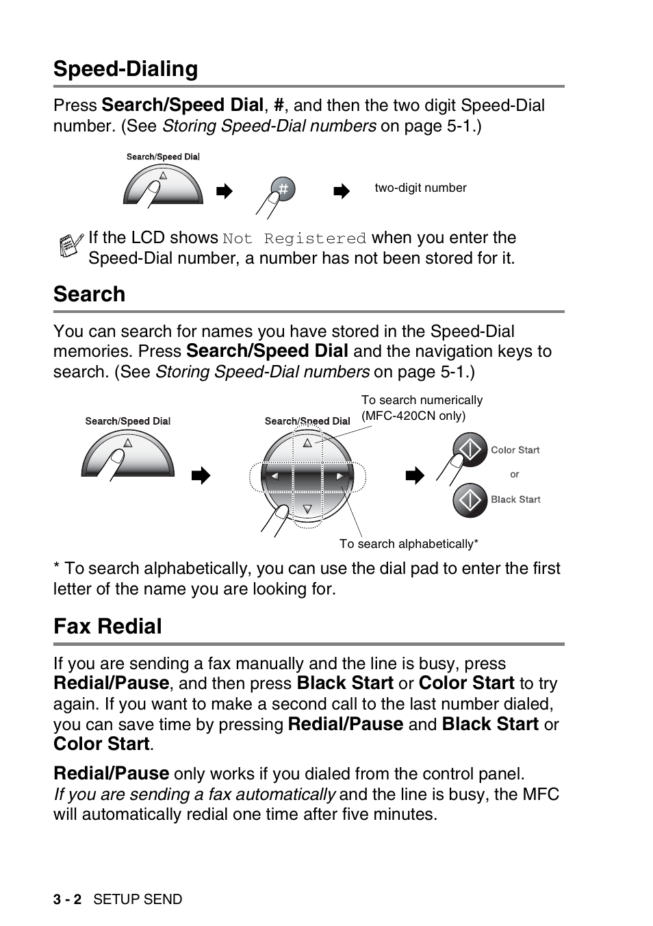 Speed-dialing, Search, Fax redial | Speed-dialing -2 search -2 fax redial -2 | Brother MFC-420CN User Manual | Page 48 / 200