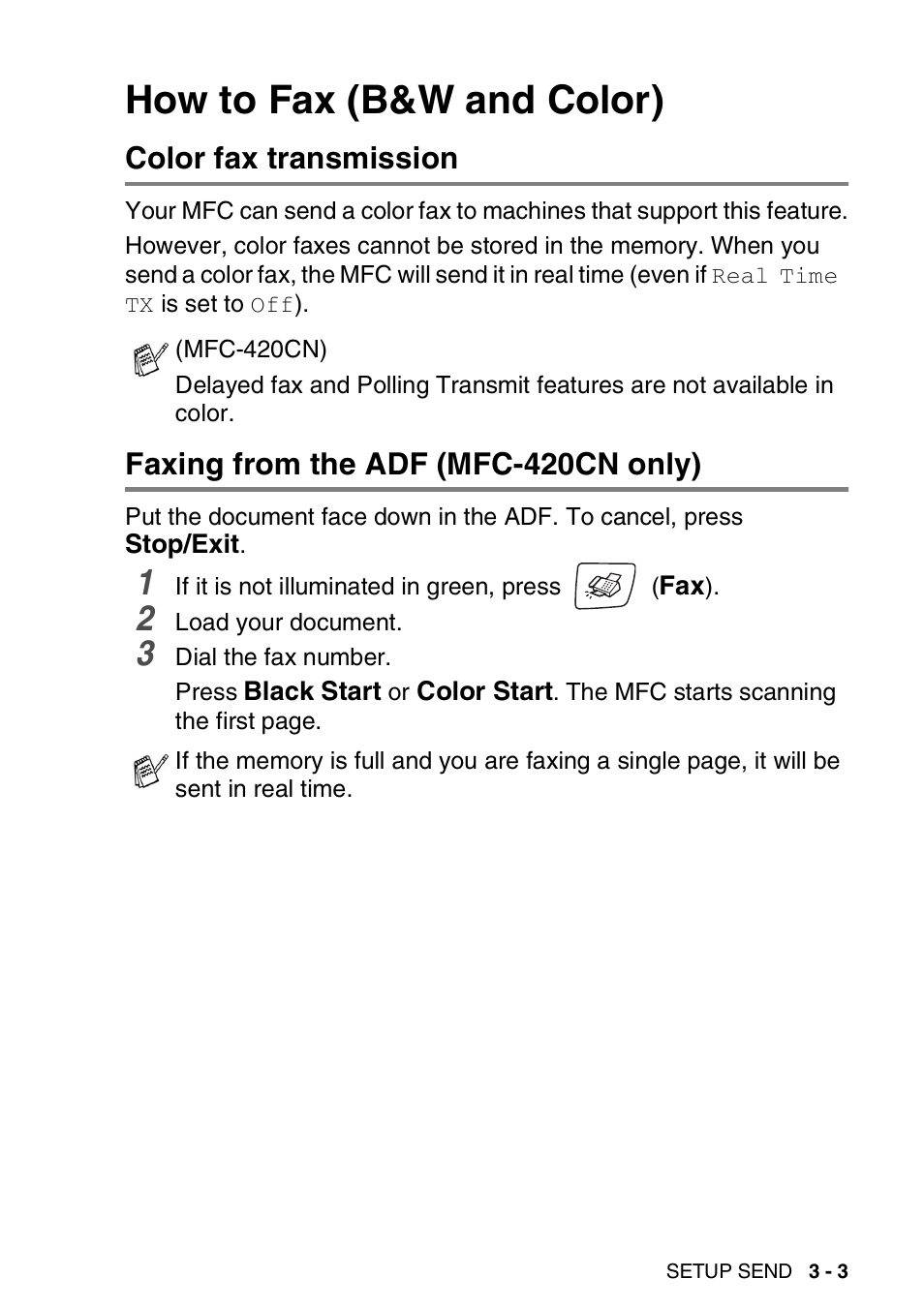 How to fax (b&w and color), Color fax transmission, Faxing from the adf (mfc-420cn only) | How to fax (b&w and color) -3 | Brother MFC-420CN User Manual | Page 49 / 200