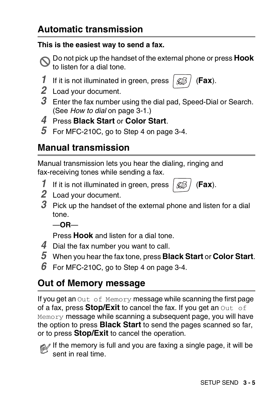 Automatic transmission, Manual transmission, Out of memory message | Brother MFC-420CN User Manual | Page 51 / 200