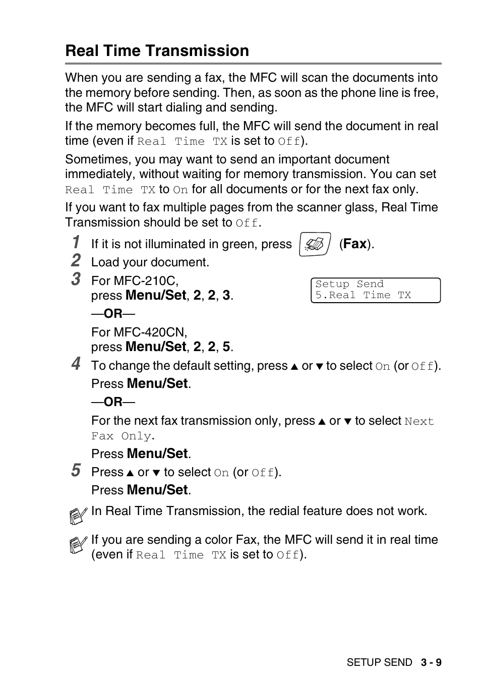Real time transmission, Real time transmission -9 | Brother MFC-420CN User Manual | Page 55 / 200