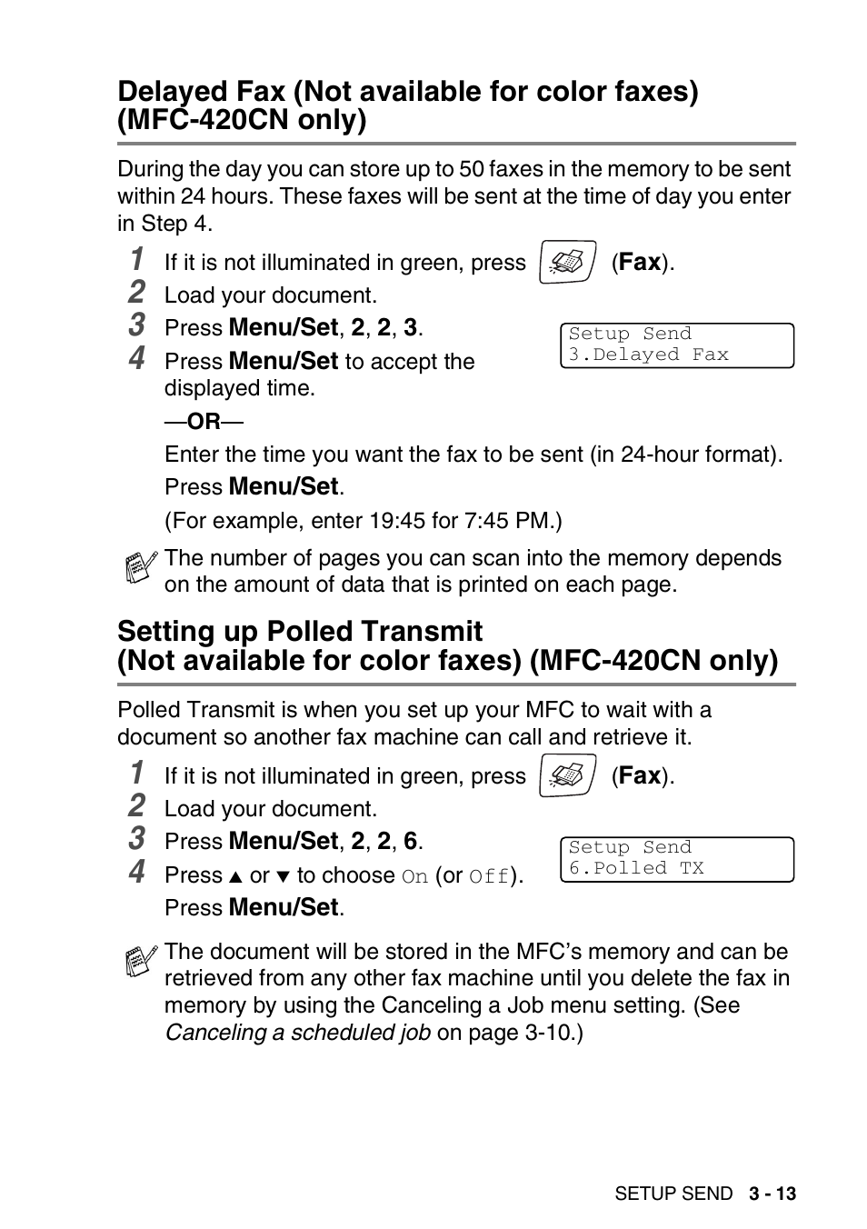 Delayed fax (not available for color faxes), Mfc-420cn only) -13, Setting up polled transmit | Brother MFC-420CN User Manual | Page 59 / 200
