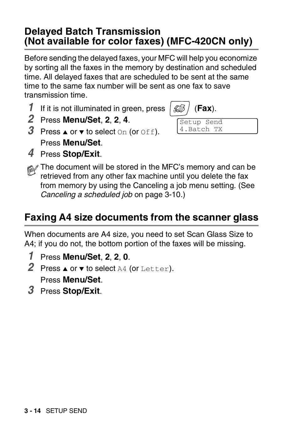 Faxing a4 size documents from the scanner glass, Delayed batch transmission | Brother MFC-420CN User Manual | Page 60 / 200