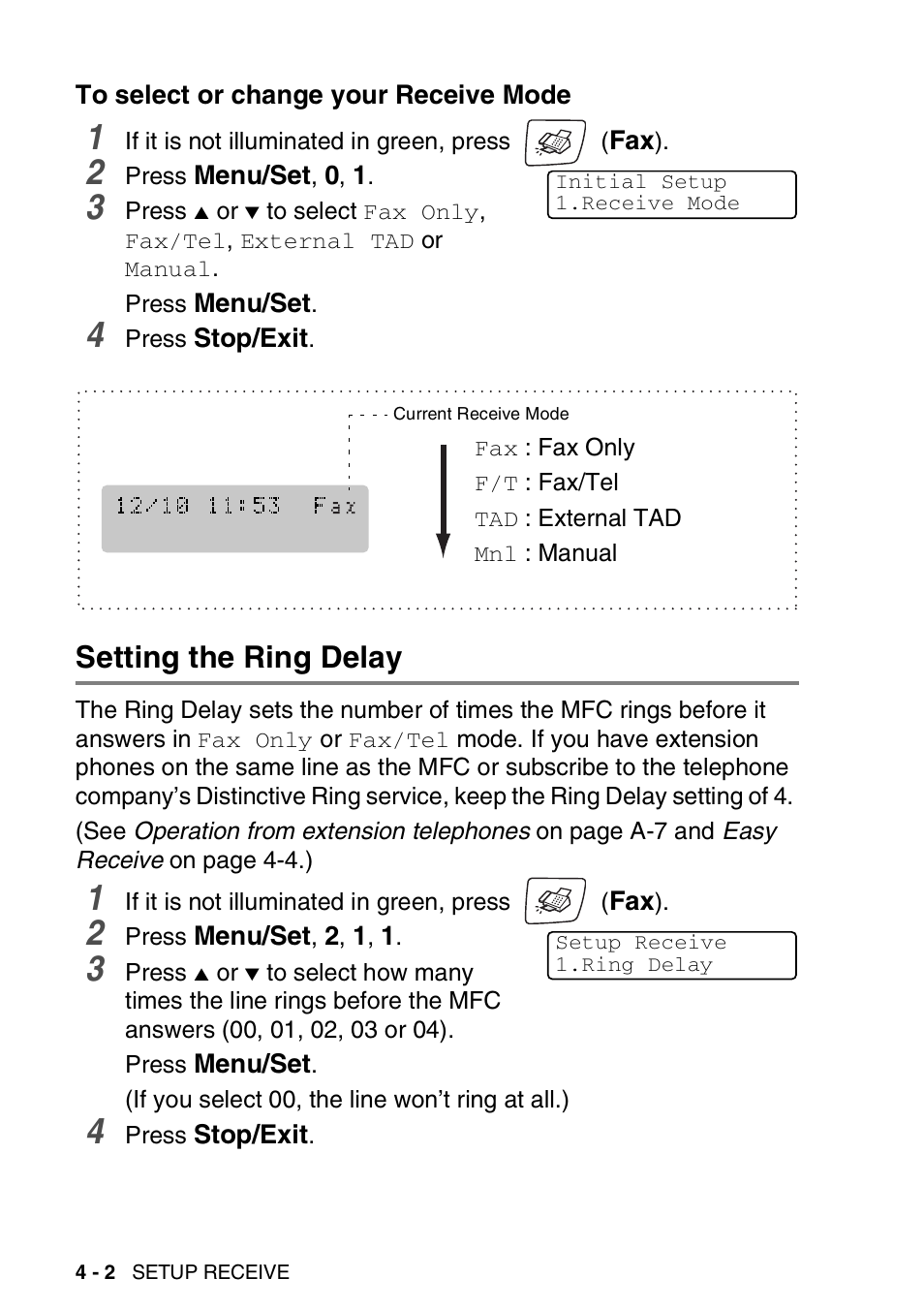To select or change your receive mode, Setting the ring delay, To select or change your receive mode -2 | Setting the ring delay -2 | Brother MFC-420CN User Manual | Page 62 / 200