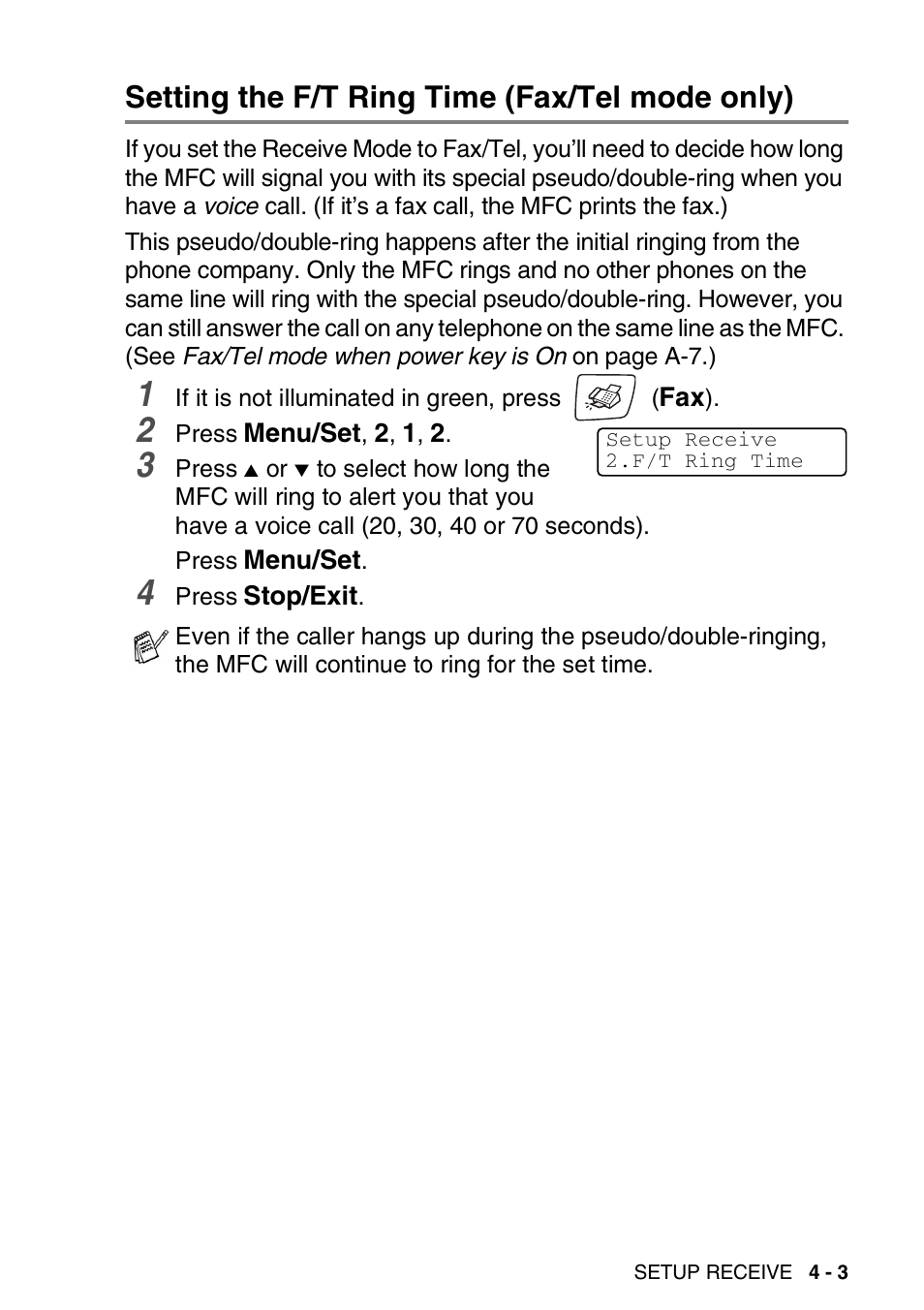 Setting the f/t ring time (fax/tel mode only), Setting the f/t ring time (fax/tel mode only) -3 | Brother MFC-420CN User Manual | Page 63 / 200