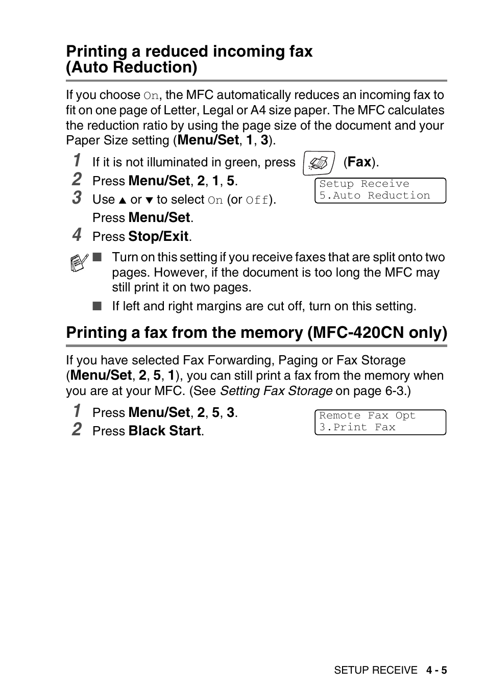 Printing a reduced incoming fax (auto reduction), Printing a fax from the memory (mfc-420cn only) | Brother MFC-420CN User Manual | Page 65 / 200