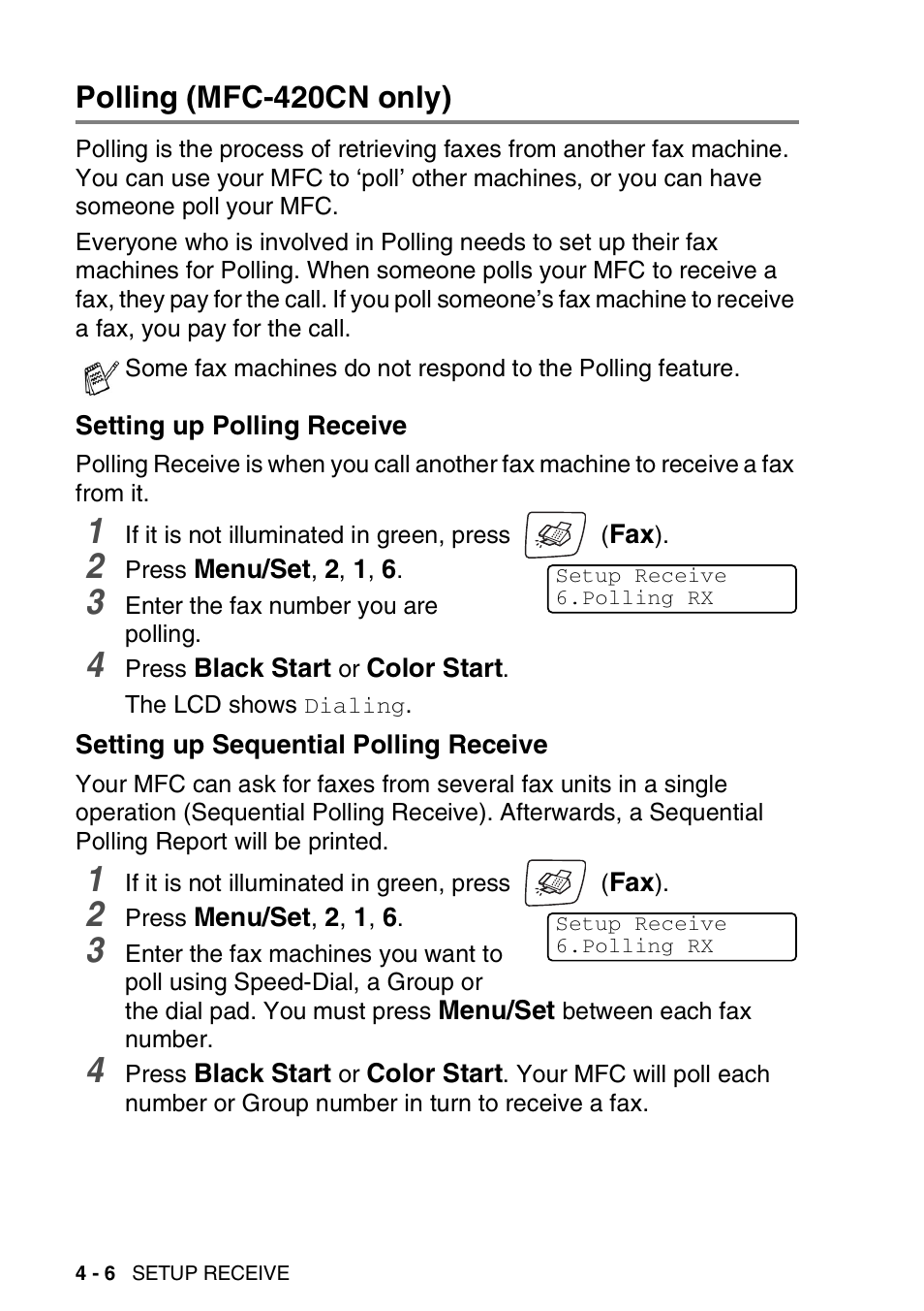 Polling (mfc-420cn only), Setting up polling receive, Setting up sequential polling receive | Polling (mfc-420cn only) -6 | Brother MFC-420CN User Manual | Page 66 / 200