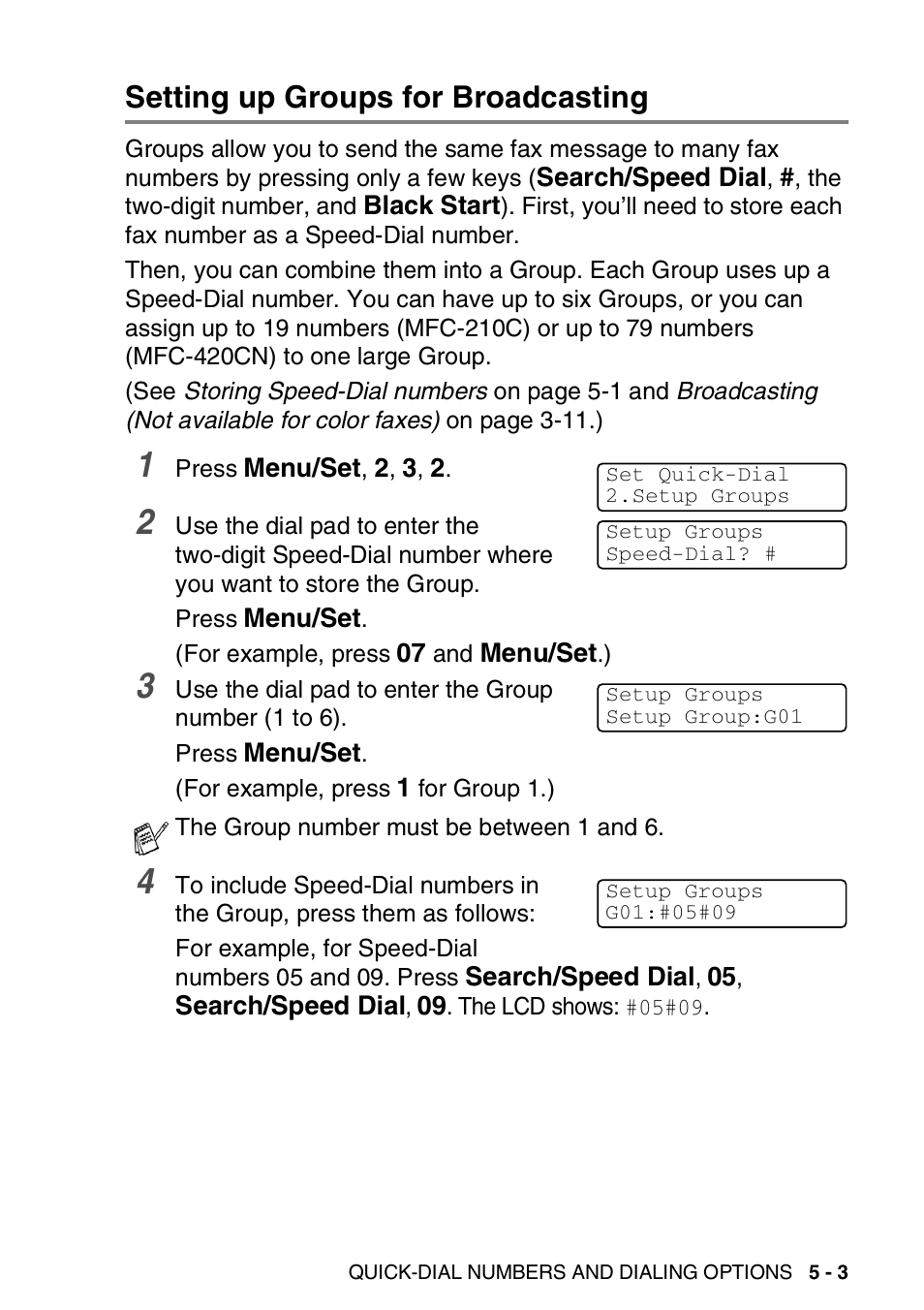 Setting up groups for broadcasting, Setting up groups for broadcasting -3 | Brother MFC-420CN User Manual | Page 69 / 200