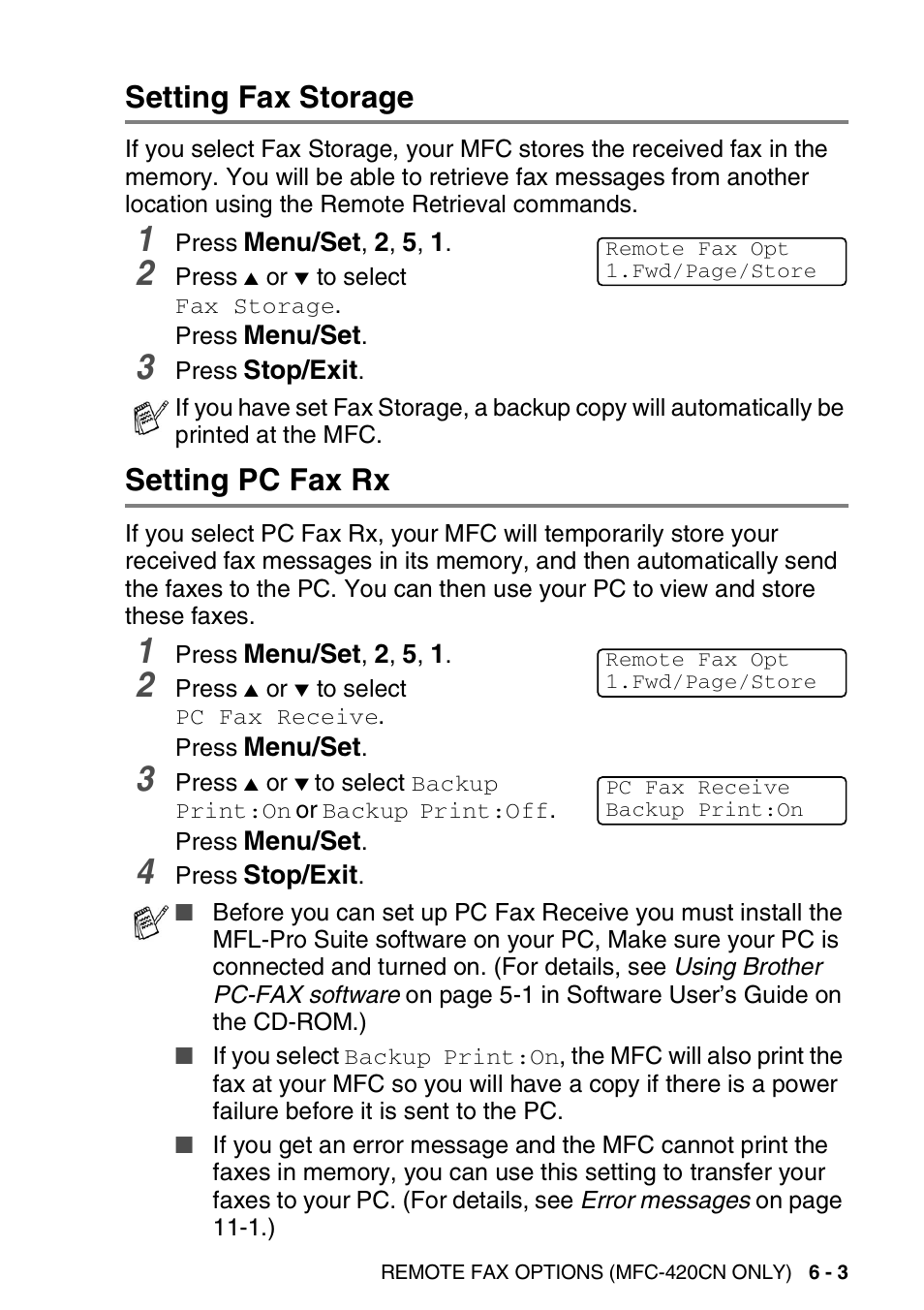 Setting fax storage, Setting pc fax rx, Setting fax storage -3 setting pc fax rx -3 | Brother MFC-420CN User Manual | Page 75 / 200