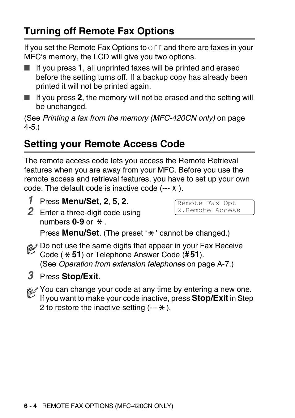 Turning off remote fax options, Setting your remote access code | Brother MFC-420CN User Manual | Page 76 / 200