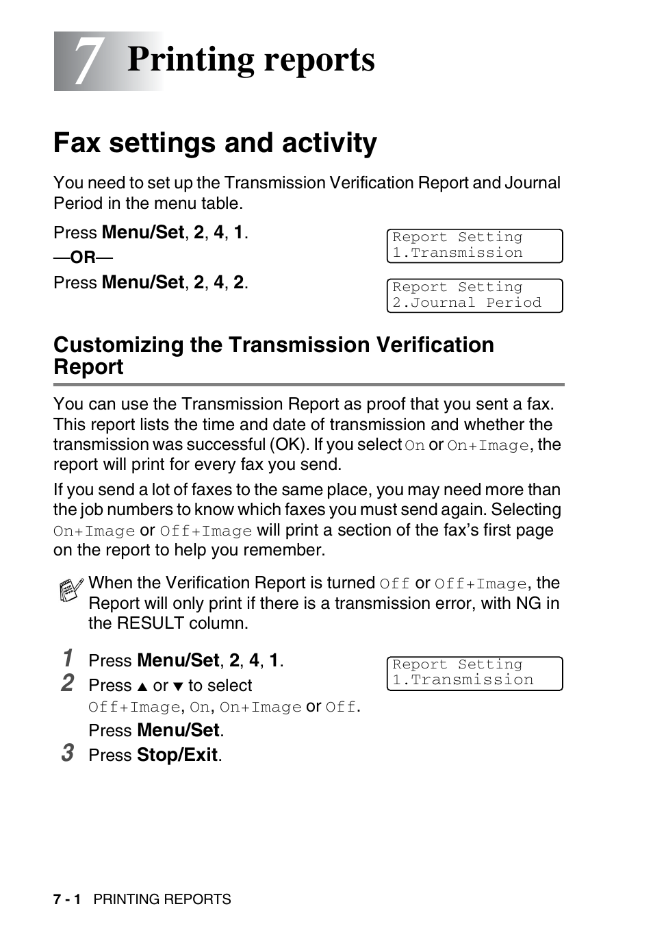 7 printing reports, Fax settings and activity, Customizing the transmission verification report | Printing reports -1, Fax settings and activity -1, Printing reports | Brother MFC-420CN User Manual | Page 80 / 200